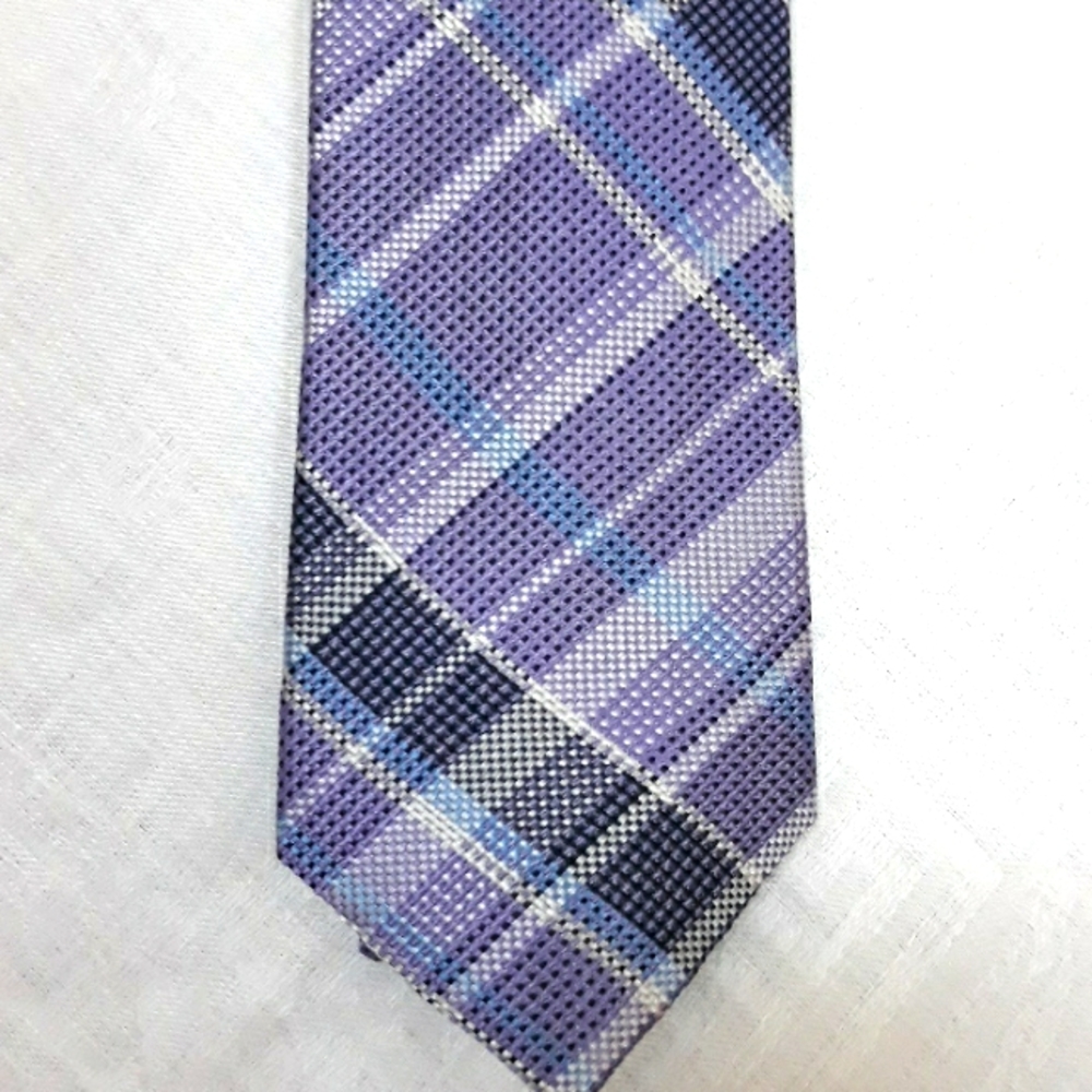 Alan Flusser purple and white plaid silk tie